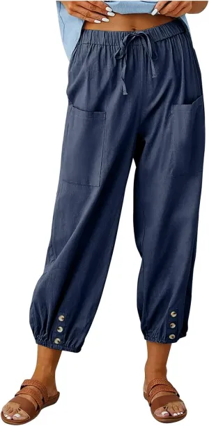 Women Casual Lantern Tapered Harem Pants Solid Loose Fit Style Cotton Linen Capris Pants Elastic Waist Cotton Trouser