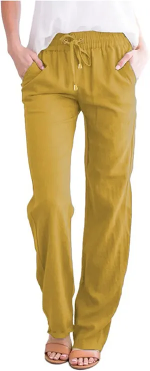 Women Casual Straight Pants High Waisted Elastic Drawstring Trousers Cotton&Linen Comfy Pant for Summer Beach Vacation