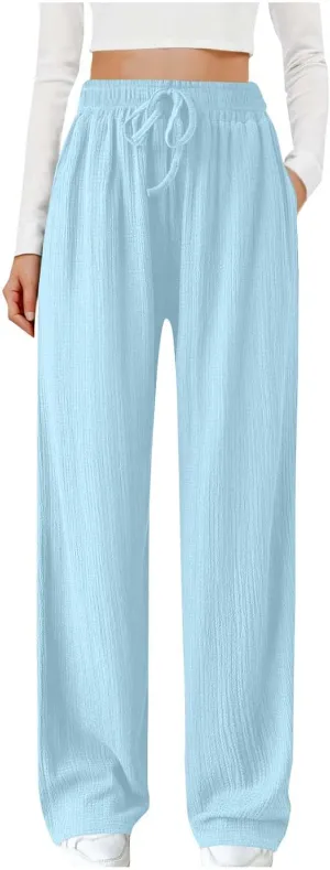 Women Casual Textured Pants Trendy Drawstring Elastic High Waist Solid Palazzo Pants Straight Leg Trouser with Pocket