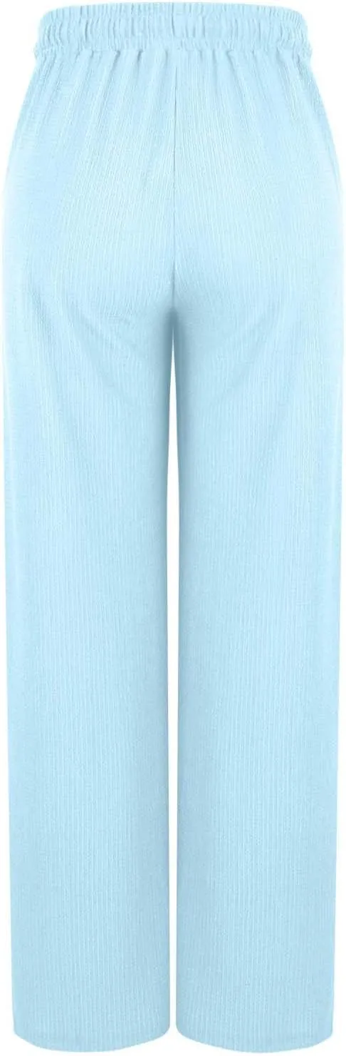 Women Casual Textured Pants Trendy Drawstring Elastic High Waist Solid Palazzo Pants Straight Leg Trouser with Pocket