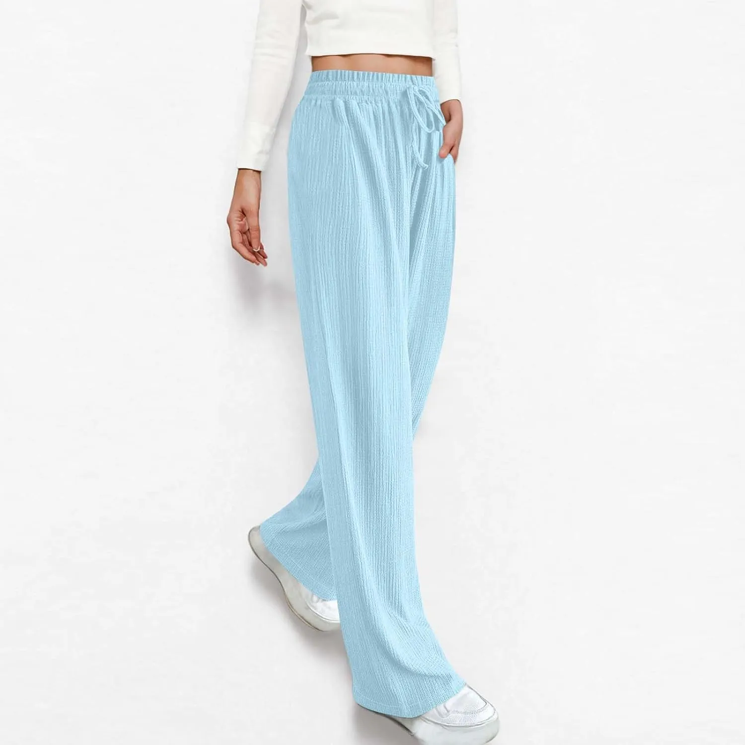 Women Casual Textured Pants Trendy Drawstring Elastic High Waist Solid Palazzo Pants Straight Leg Trouser with Pocket