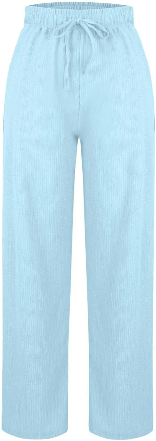 Women Casual Textured Pants Trendy Drawstring Elastic High Waist Solid Palazzo Pants Straight Leg Trouser with Pocket