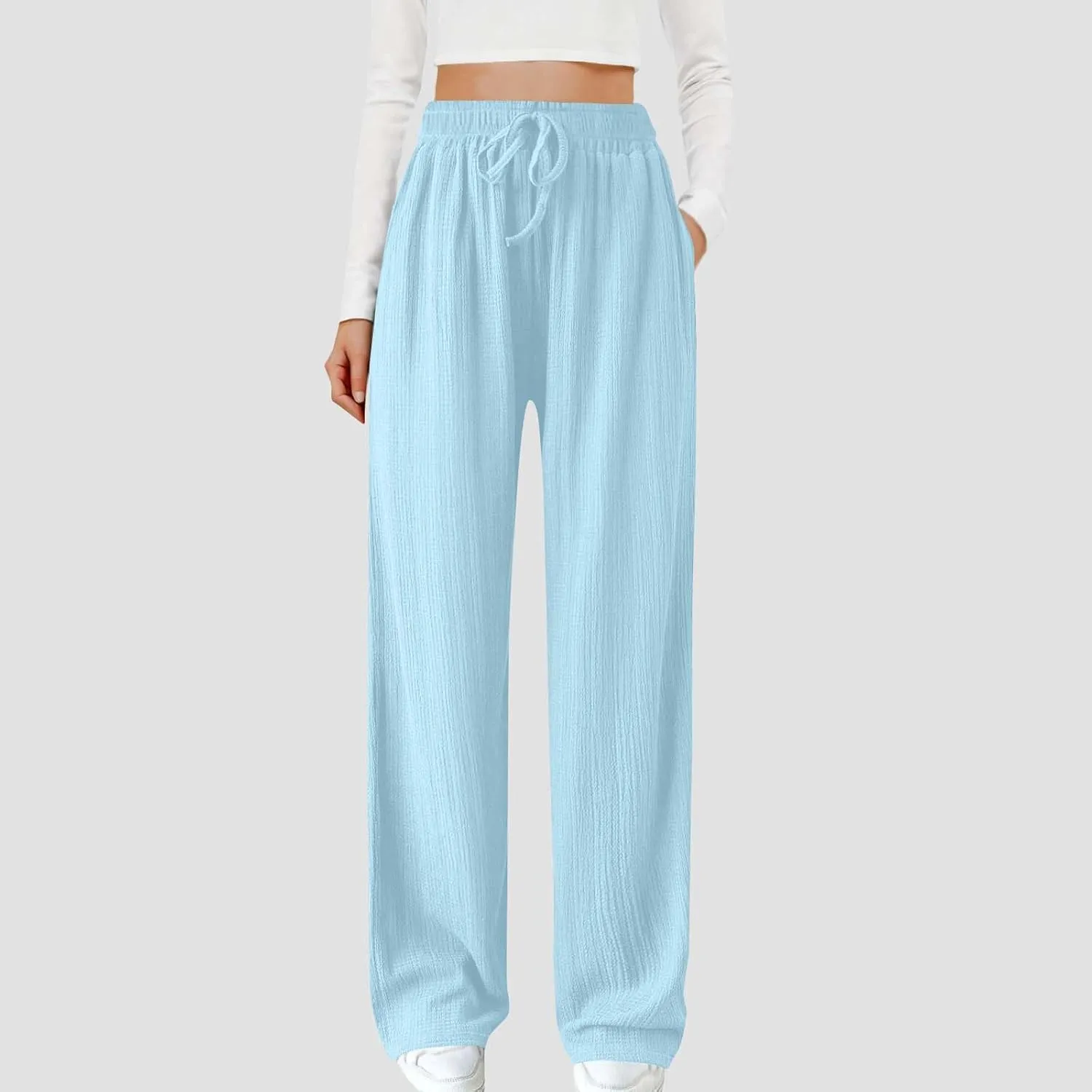 Women Casual Textured Pants Trendy Drawstring Elastic High Waist Solid Palazzo Pants Straight Leg Trouser with Pocket