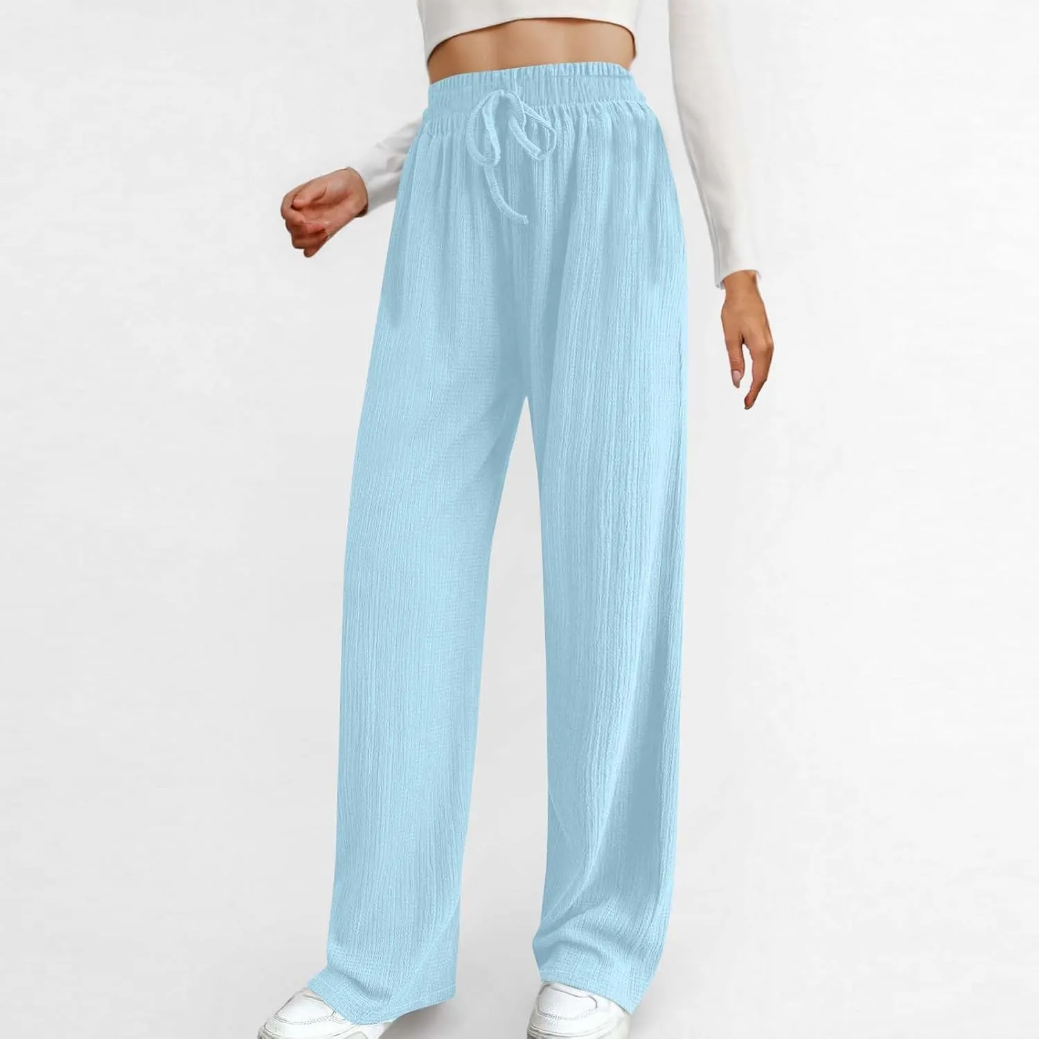 Women Casual Textured Pants Trendy Drawstring Elastic High Waist Solid Palazzo Pants Straight Leg Trouser with Pocket