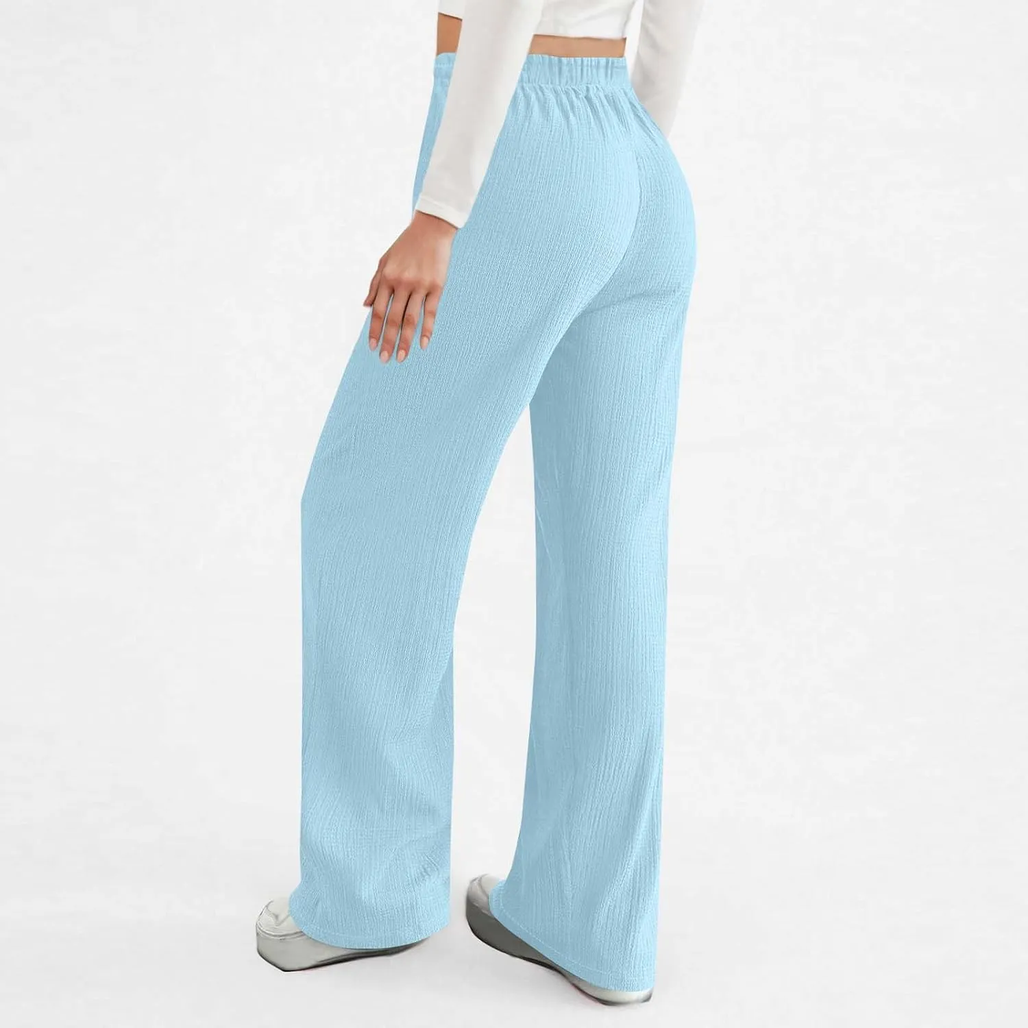 Women Casual Textured Pants Trendy Drawstring Elastic High Waist Solid Palazzo Pants Straight Leg Trouser with Pocket