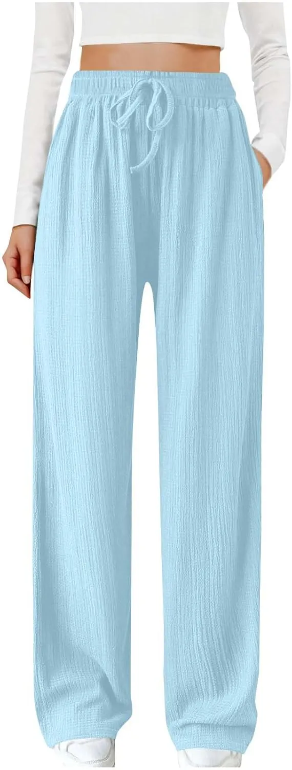 Women Casual Textured Pants Trendy Drawstring Elastic High Waist Solid Palazzo Pants Straight Leg Trouser with Pocket
