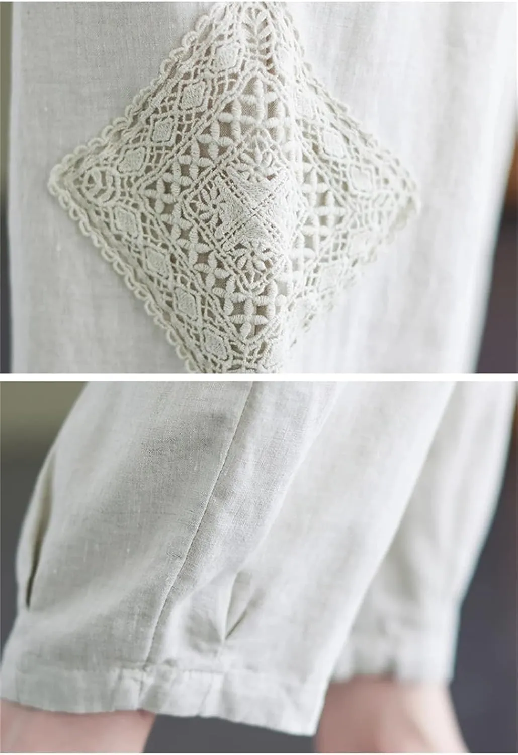 Women Cotton Linen Harem Pants Vintage Style Elastic Waist Loose Ankle-Length Casual Pants