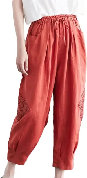Women Cotton Linen Harem Pants Vintage Style Elastic Waist Loose Ankle-Length Casual Pants