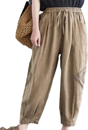 Women Cotton Linen Harem Pants Vintage Style Elastic Waist Loose Ankle-Length Casual Pants
