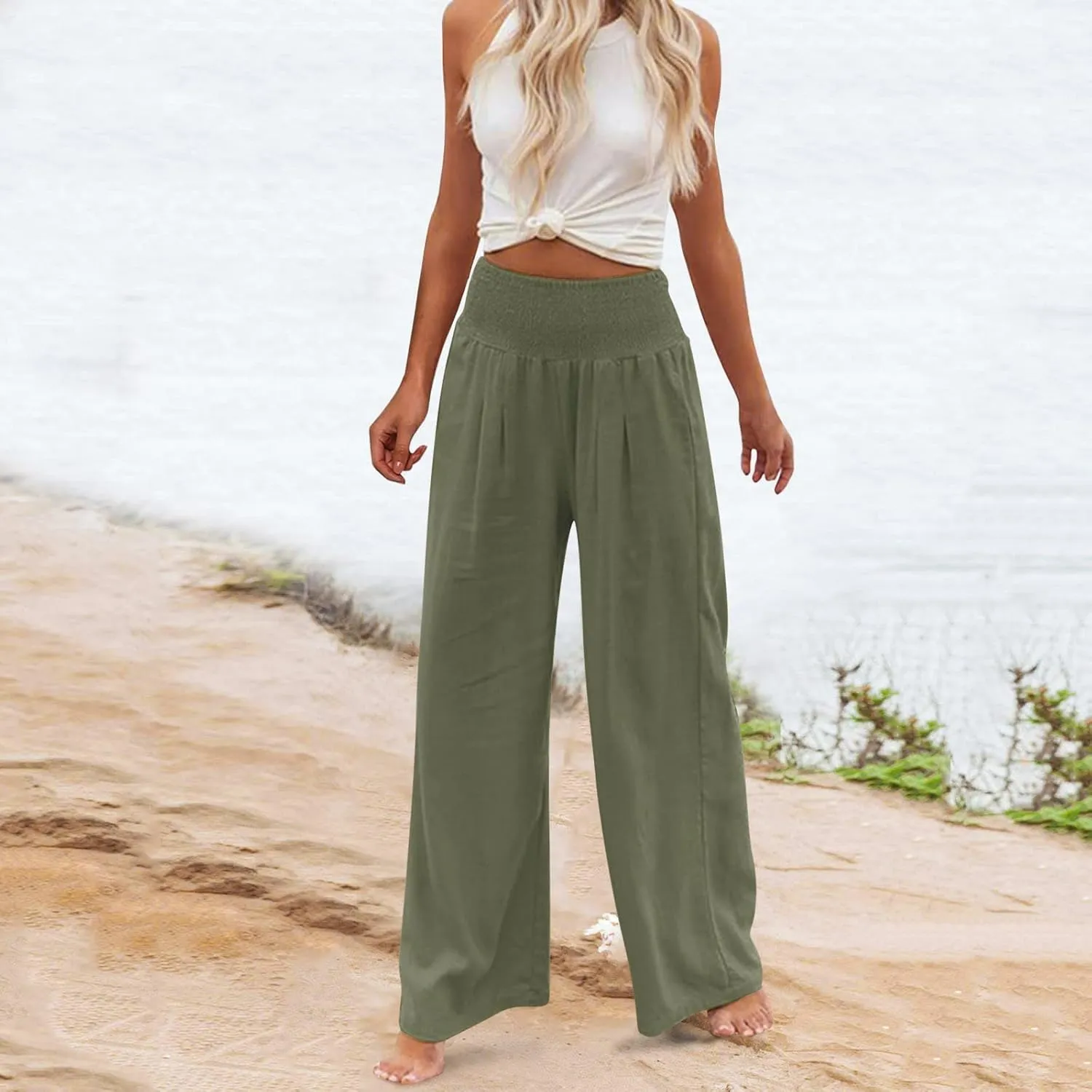 Women Cotton Linen Palazzo Pants Summer High Waist Wide Leg Lounge Slacks Boho Beach Flowy Long Trousers with Pockets