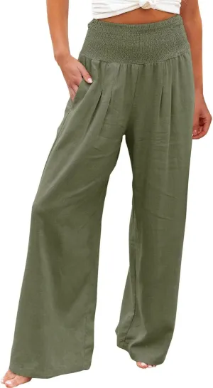 Women Cotton Linen Palazzo Pants Summer High Waist Wide Leg Lounge Slacks Boho Beach Flowy Long Trousers with Pockets