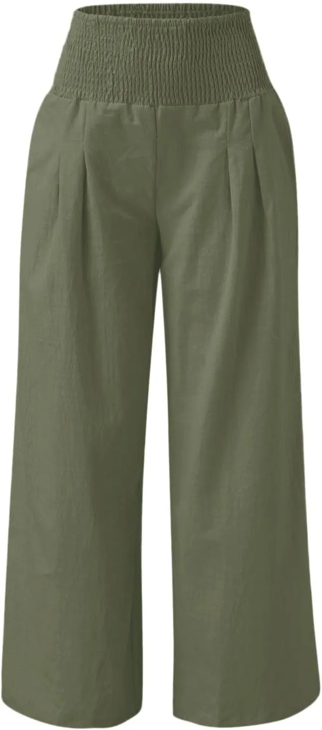 Women Cotton Linen Palazzo Pants Summer High Waist Wide Leg Lounge Slacks Boho Beach Flowy Long Trousers with Pockets