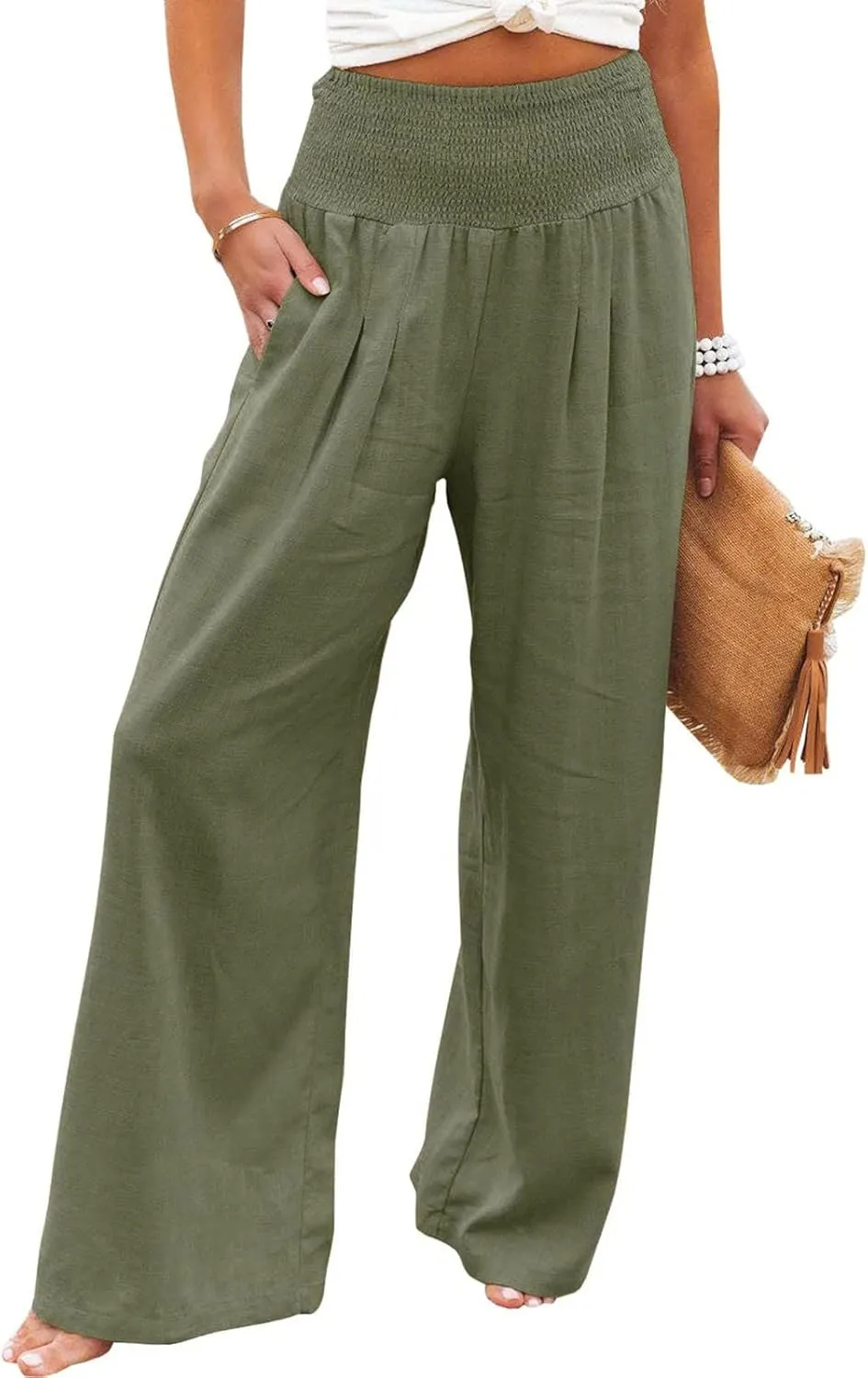 Women Cotton Linen Palazzo Pants Summer High Waist Wide Leg Lounge Slacks Boho Beach Flowy Long Trousers with Pockets