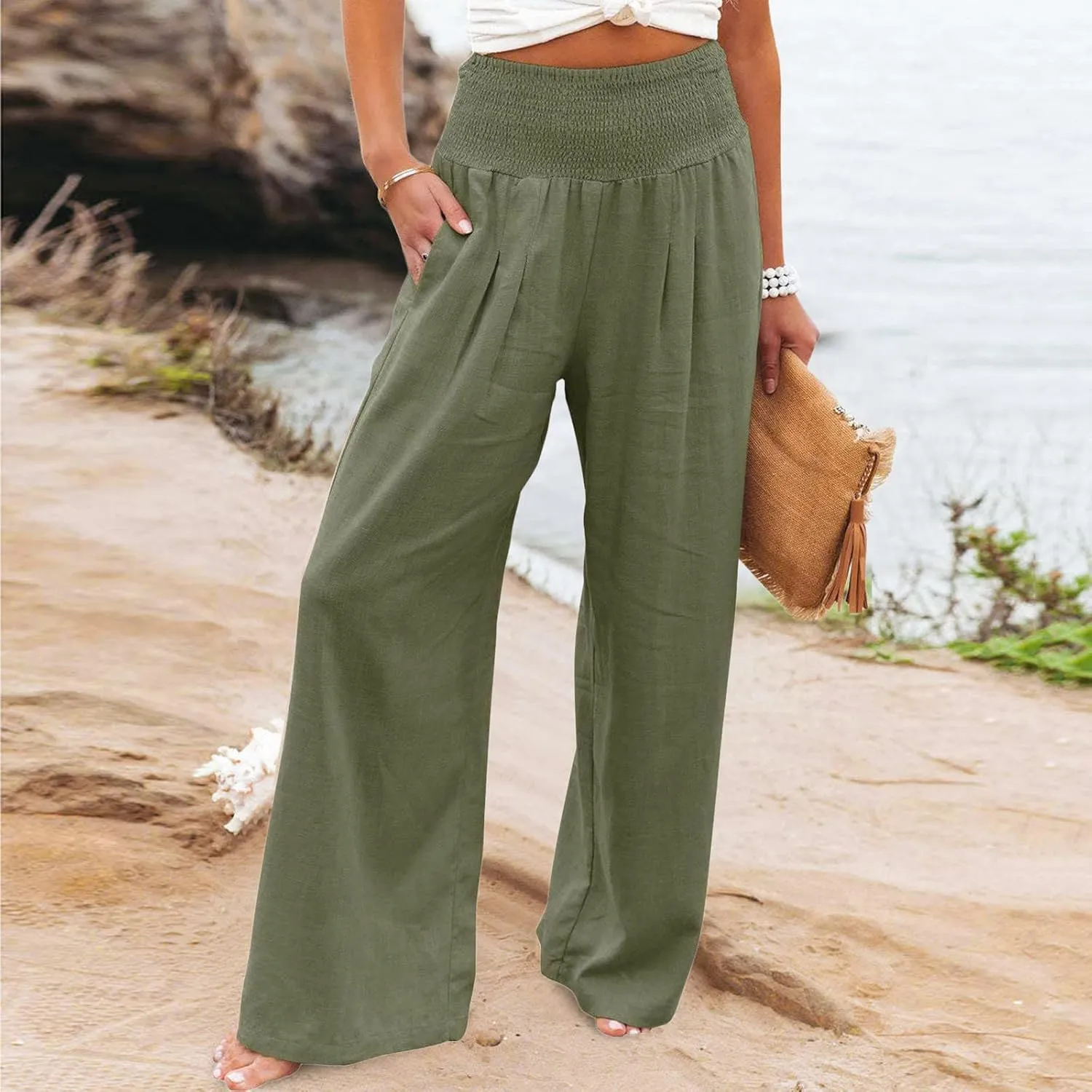 Women Cotton Linen Palazzo Pants Summer High Waist Wide Leg Lounge Slacks Boho Beach Flowy Long Trousers with Pockets