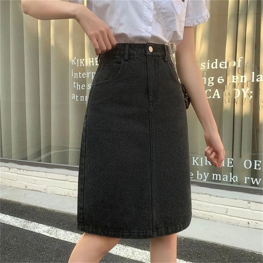Women Denim Skirts Knee-Length Slit Vintage High Waist A-Line Slim Elegant