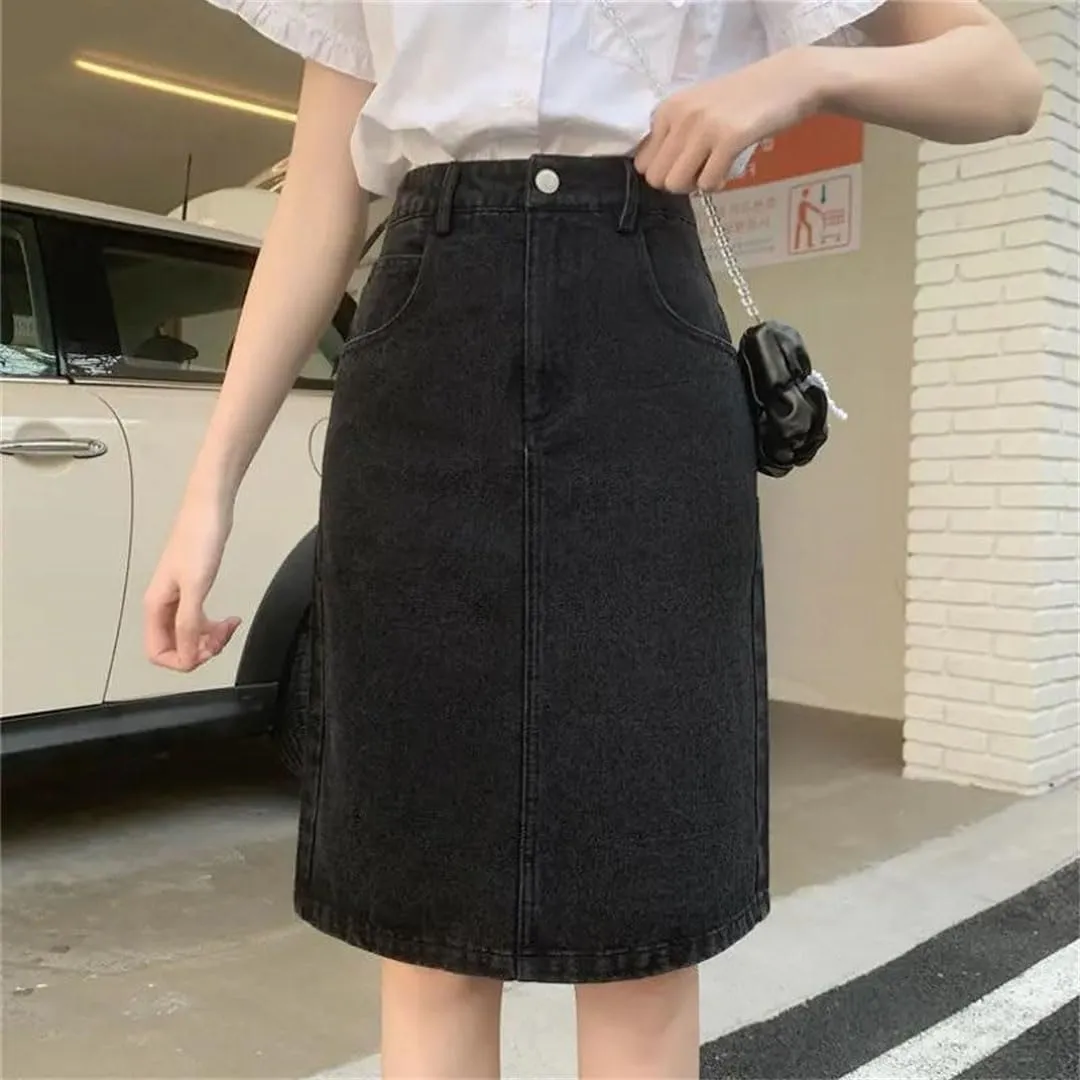 Women Denim Skirts Knee-Length Slit Vintage High Waist A-Line Slim Elegant