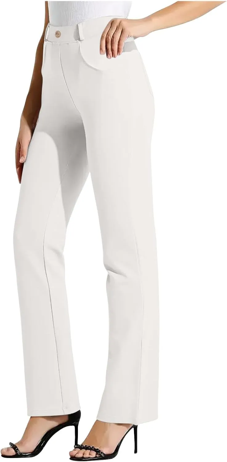 Women High Waist Work Pants Office Yoga Dress Pants Business Casual Outfits Elastic Waist Straight Leg Pocket Trouser