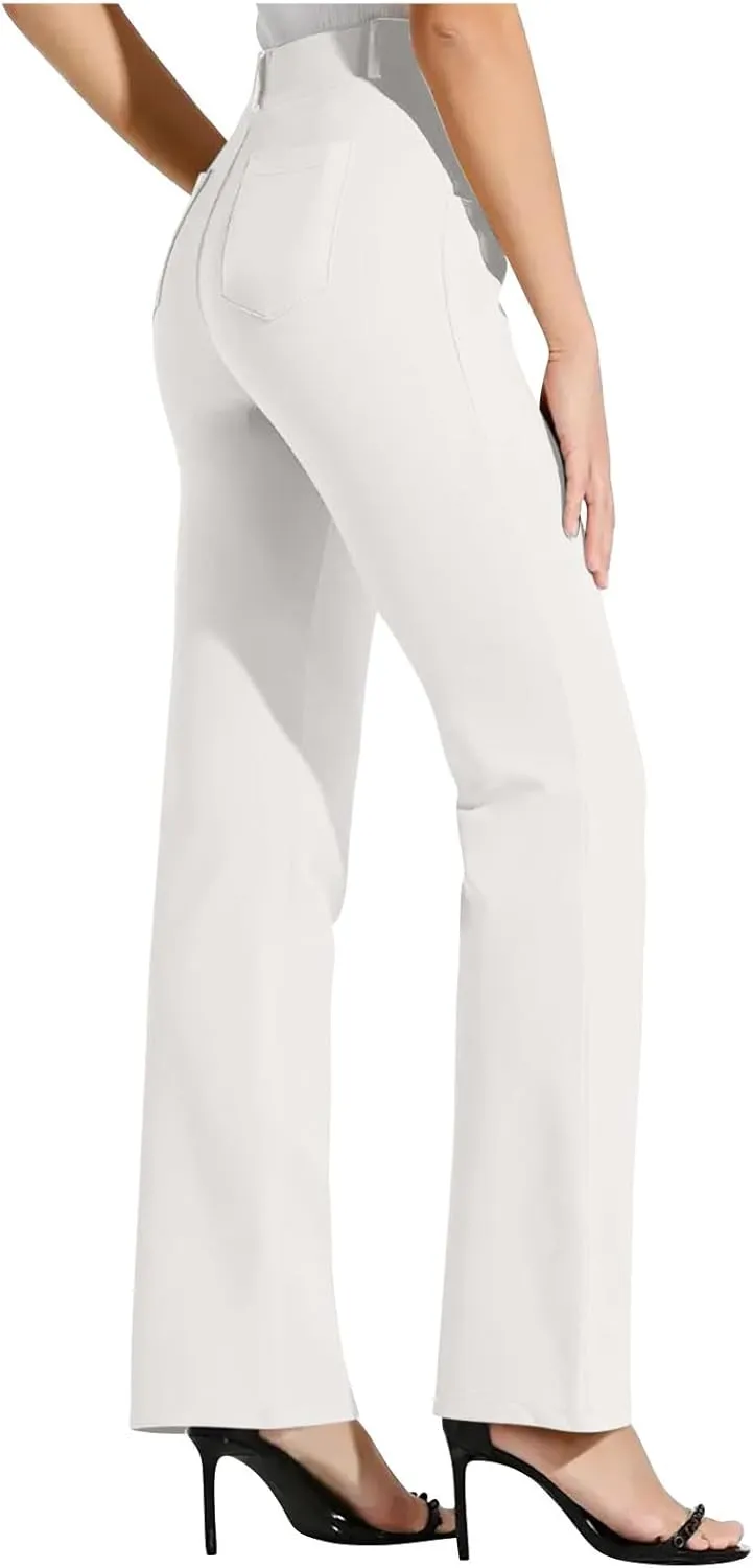 Women High Waist Work Pants Office Yoga Dress Pants Business Casual Outfits Elastic Waist Straight Leg Pocket Trouser