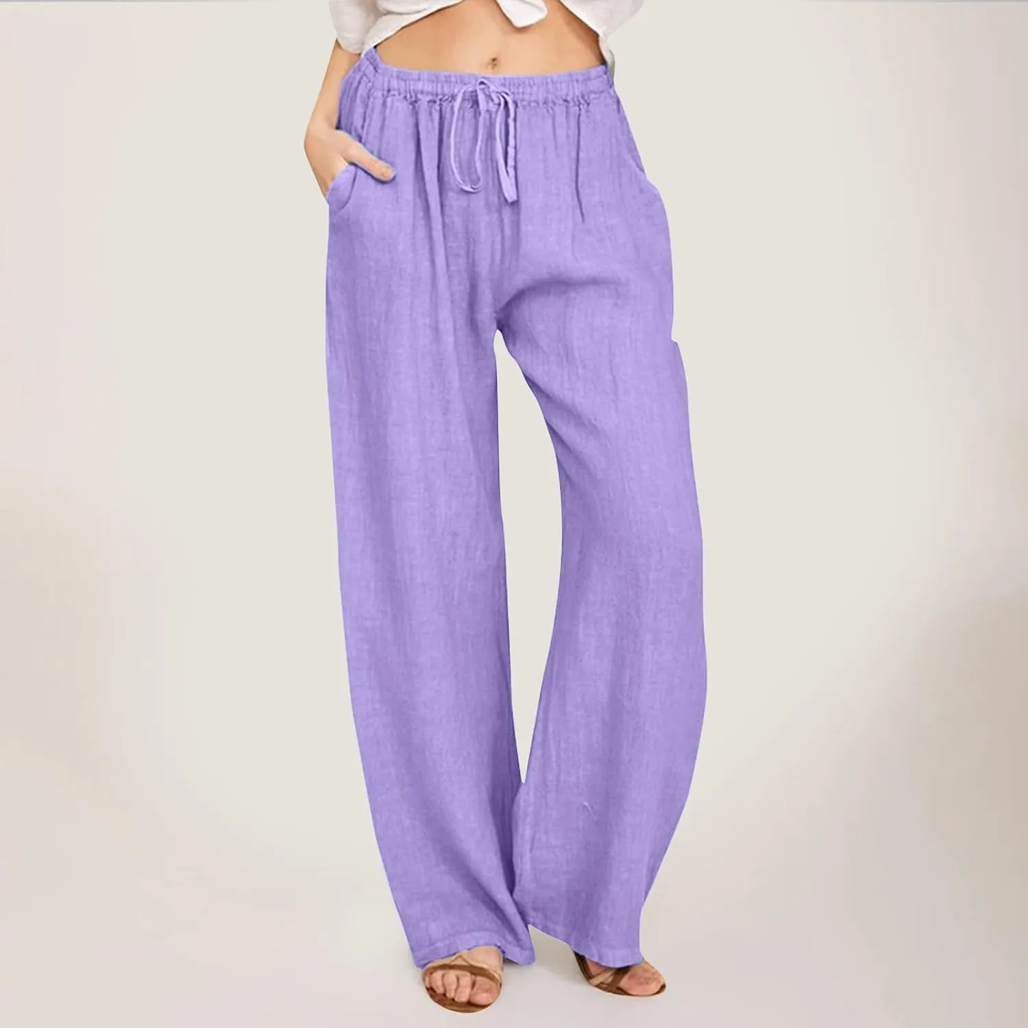Women Linen Blend Summer Split Flowy Pants High Waist Wide Leg Slim Fit Trousers Work Business