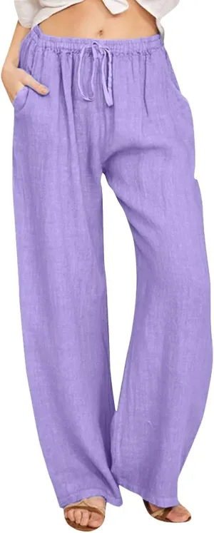 Women Linen Blend Summer Split Flowy Pants High Waist Wide Leg Slim Fit Trousers Work Business