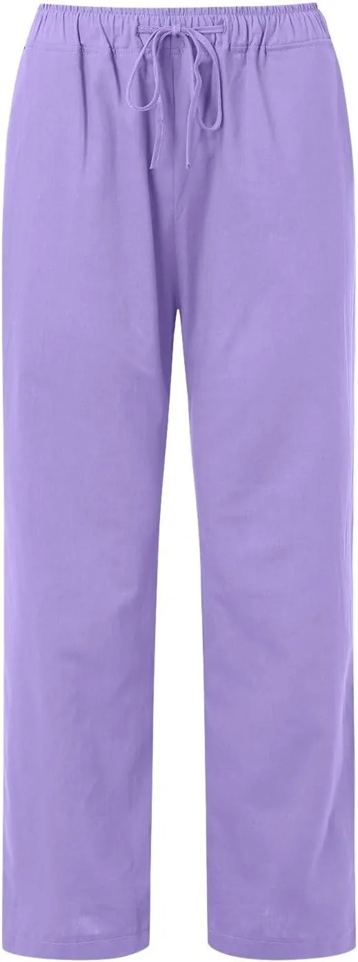 Women Linen Blend Summer Split Flowy Pants High Waist Wide Leg Slim Fit Trousers Work Business