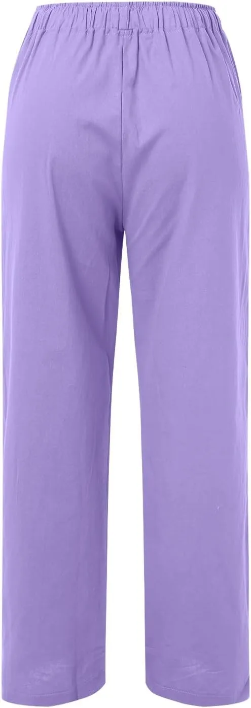 Women Linen Blend Summer Split Flowy Pants High Waist Wide Leg Slim Fit Trousers Work Business