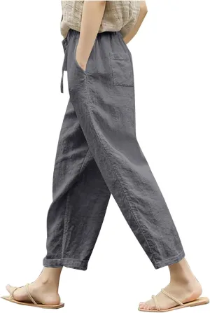 Women Linen Pants Capri Lightweight Spring Summer Pants for Beach Elastic Drawstring Wide Leg Trousers with Pockets