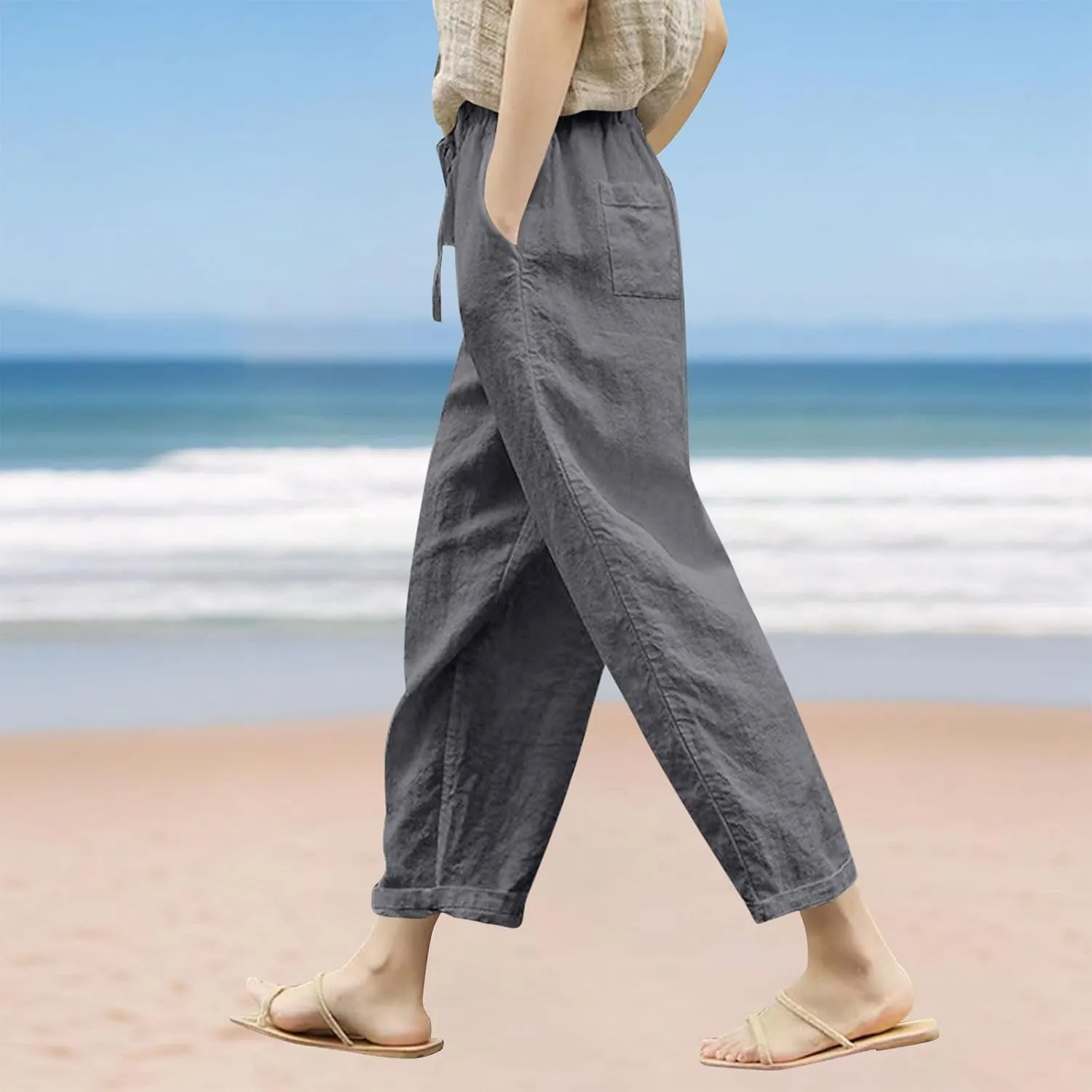 Women Linen Pants Capri Lightweight Spring Summer Pants for Beach Elastic Drawstring Wide Leg Trousers with Pockets