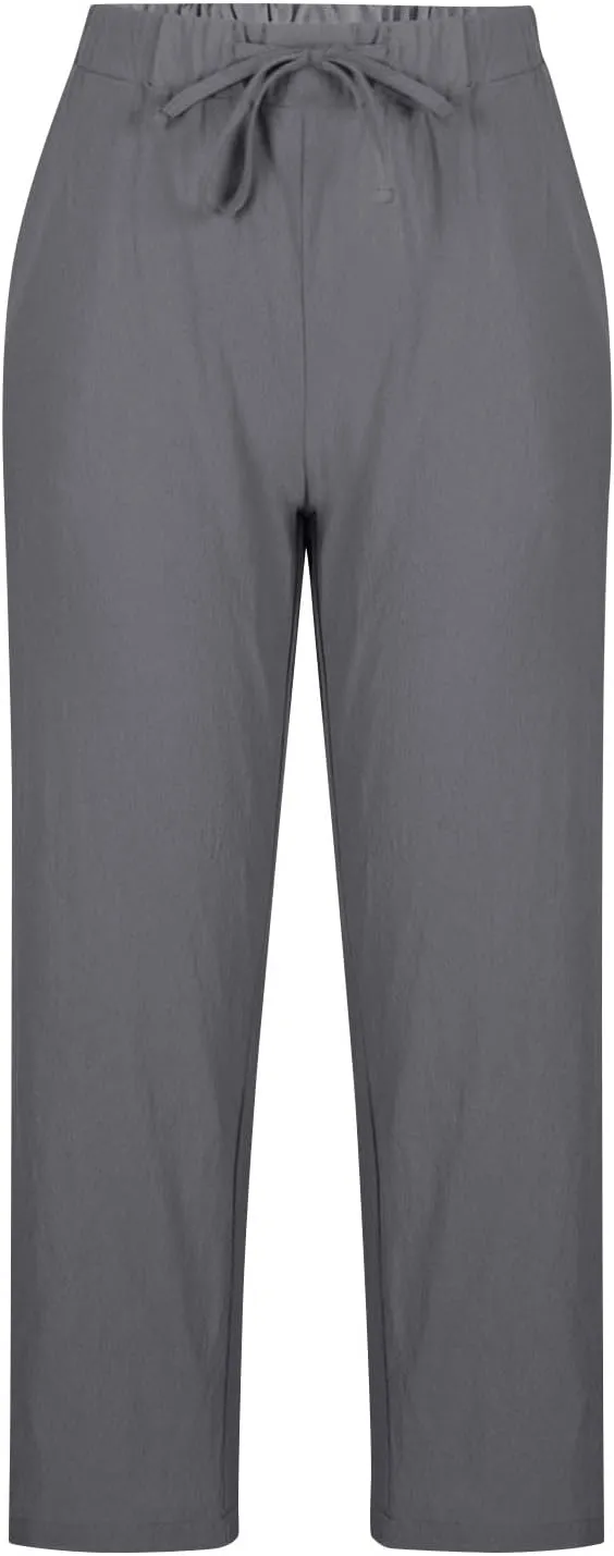 Women Linen Pants Capri Lightweight Spring Summer Pants for Beach Elastic Drawstring Wide Leg Trousers with Pockets