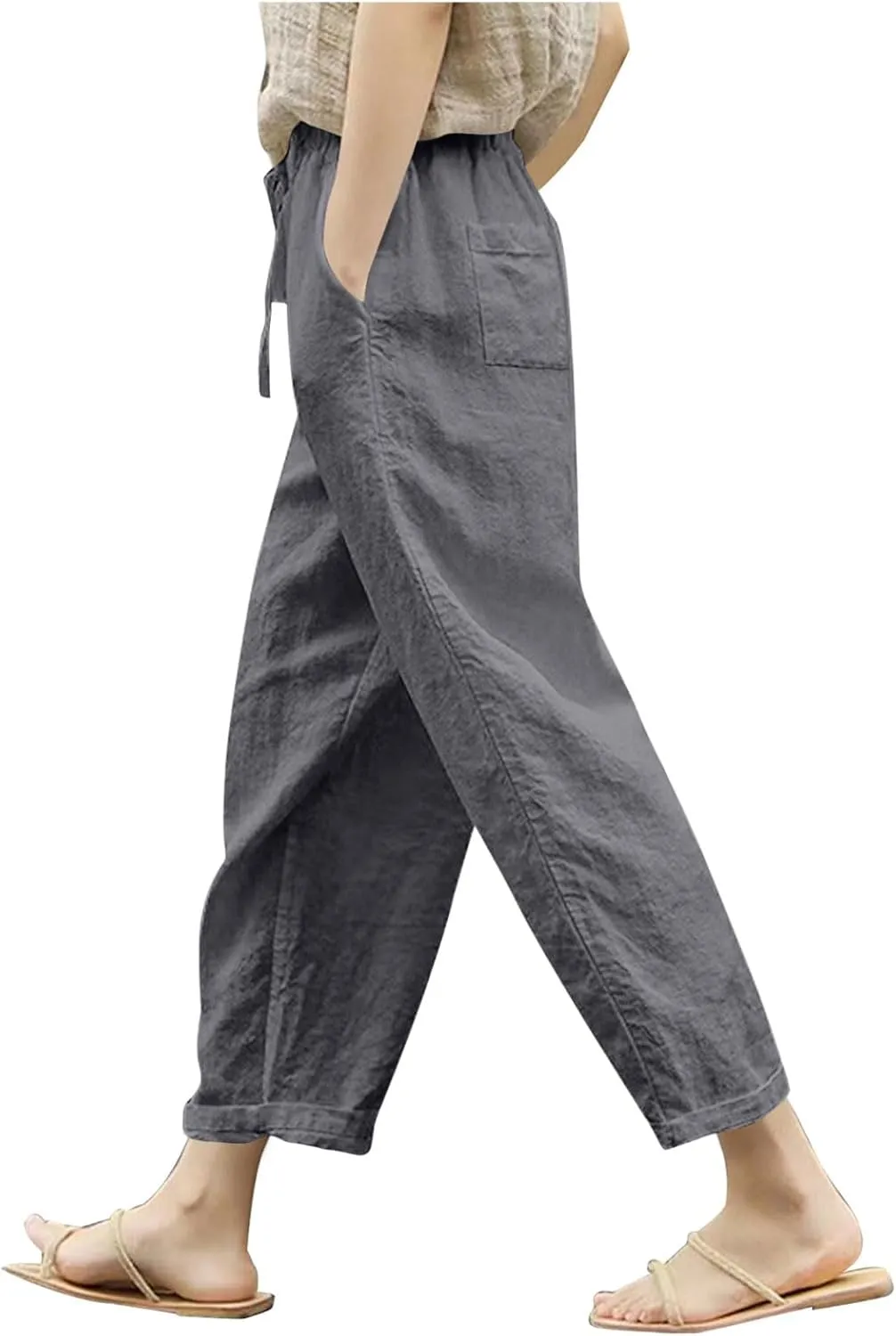 Women Linen Pants Capri Lightweight Spring Summer Pants for Beach Elastic Drawstring Wide Leg Trousers with Pockets