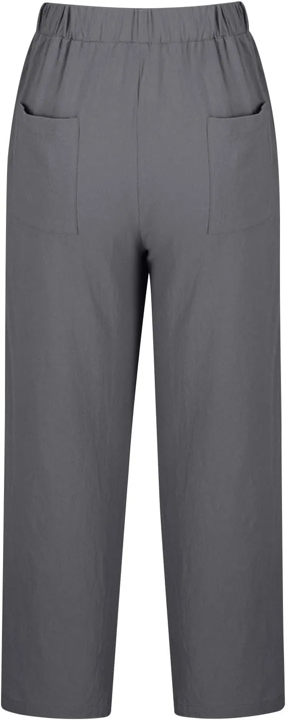 Women Linen Pants Capri Lightweight Spring Summer Pants for Beach Elastic Drawstring Wide Leg Trousers with Pockets