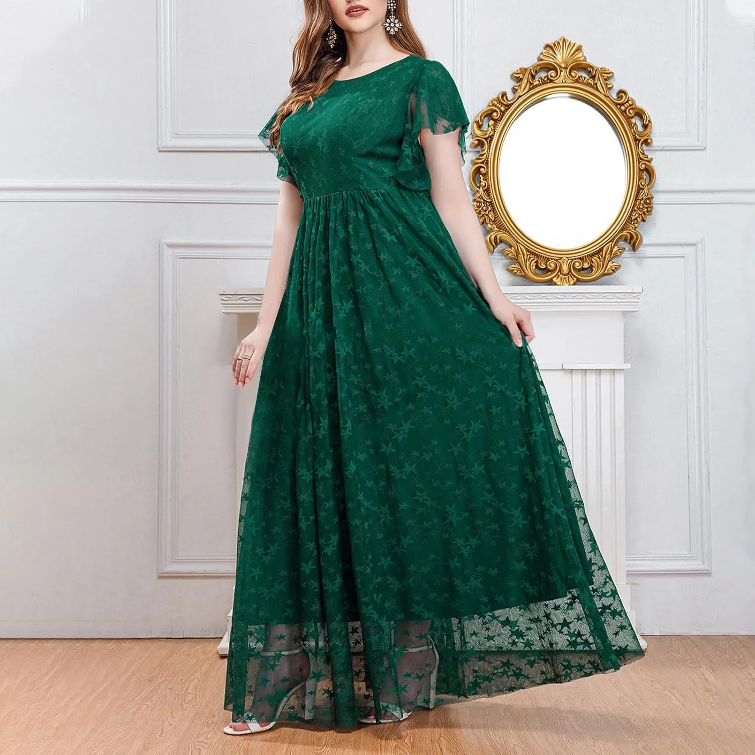 Women Plus Size Lace Cocktail Dresses Summer Wrap Round Neck Short Sleeve Flowy A Line Wedding Guest Midi Dress