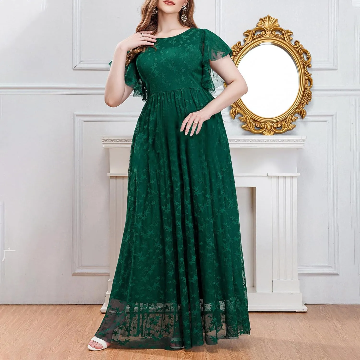Women Plus Size Lace Cocktail Dresses Summer Wrap Round Neck Short Sleeve Flowy A Line Wedding Guest Midi Dress