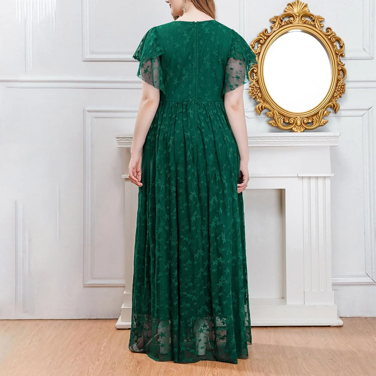 Women Plus Size Lace Cocktail Dresses Summer Wrap Round Neck Short Sleeve Flowy A Line Wedding Guest Midi Dress