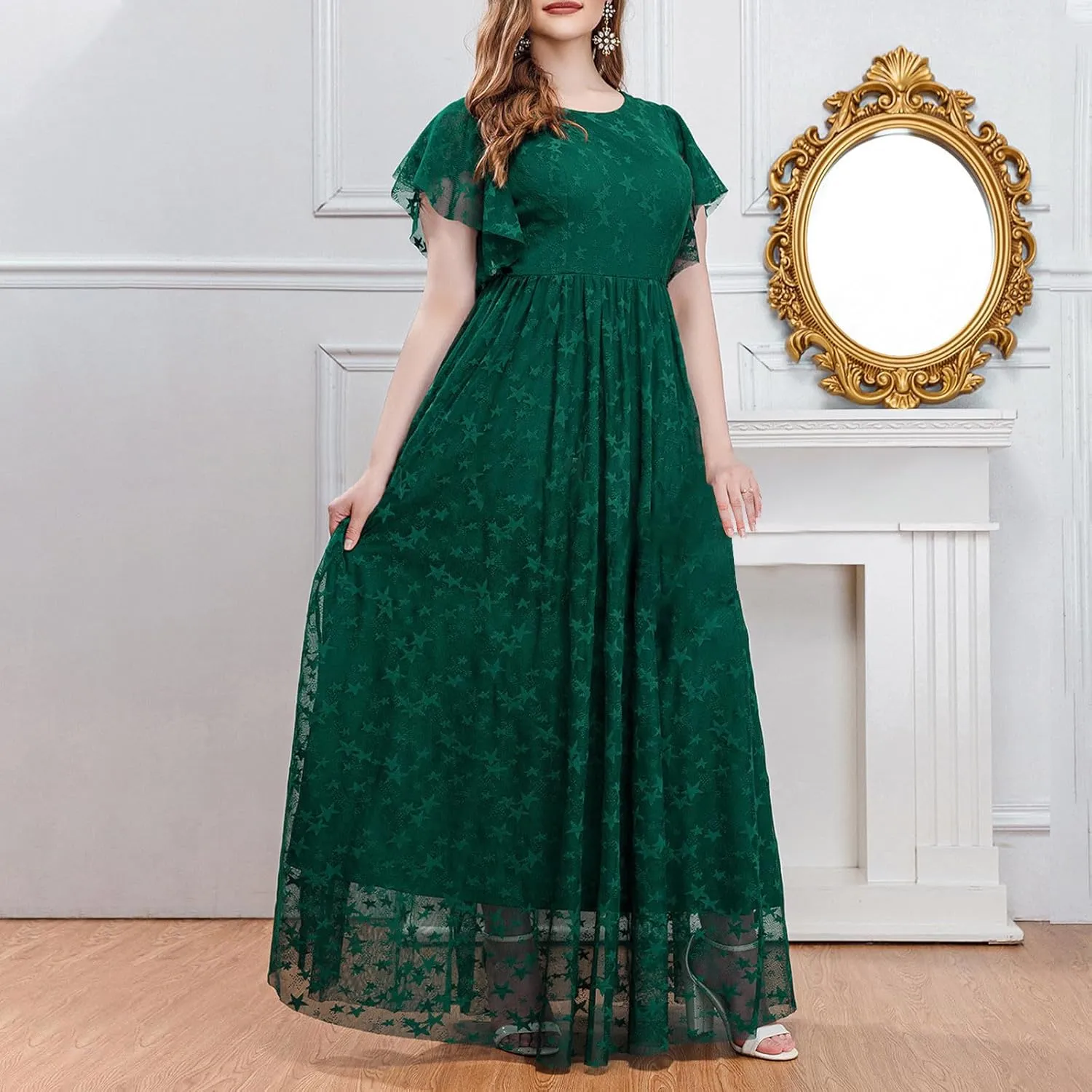 Women Plus Size Lace Cocktail Dresses Summer Wrap Round Neck Short Sleeve Flowy A Line Wedding Guest Midi Dress