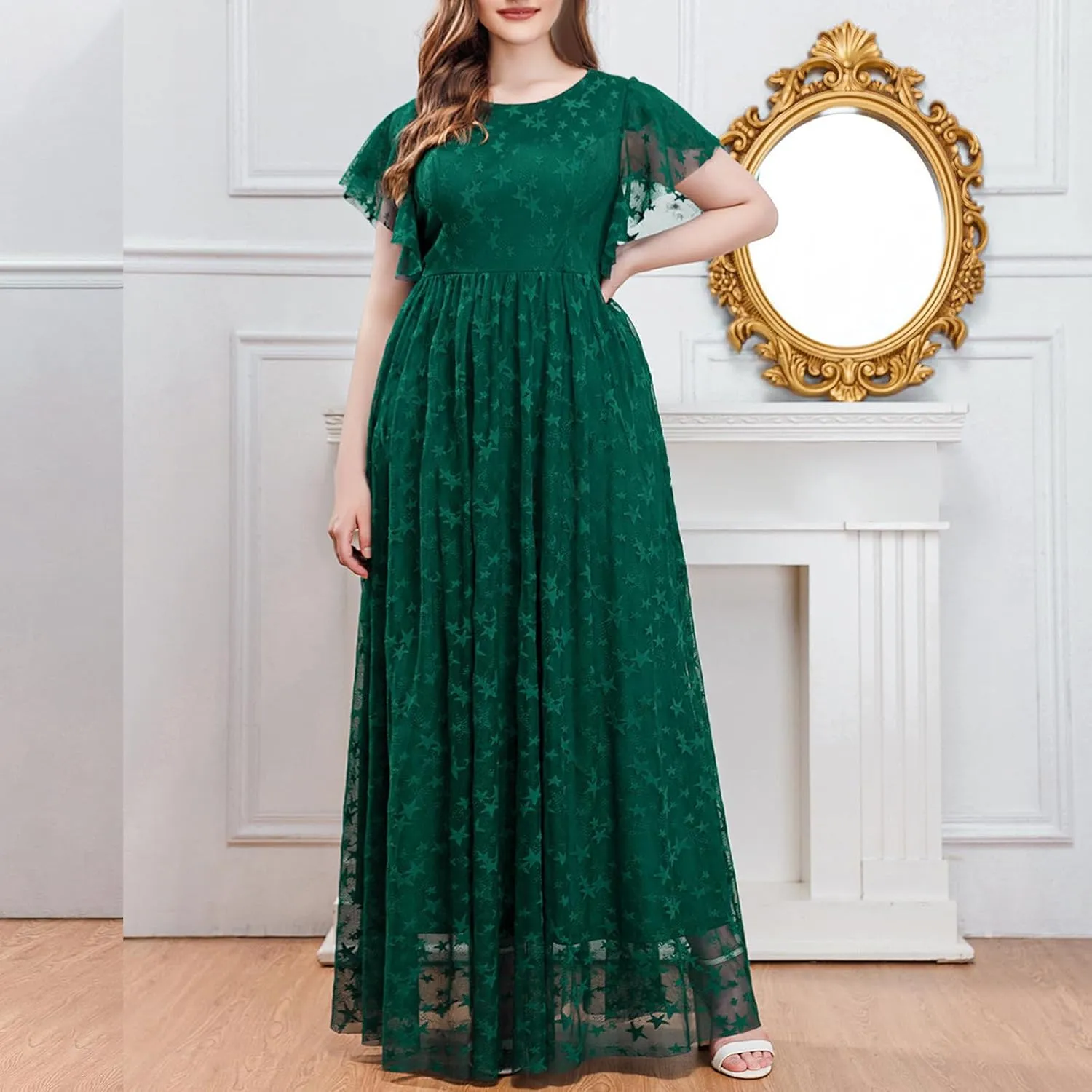 Women Plus Size Lace Cocktail Dresses Summer Wrap Round Neck Short Sleeve Flowy A Line Wedding Guest Midi Dress