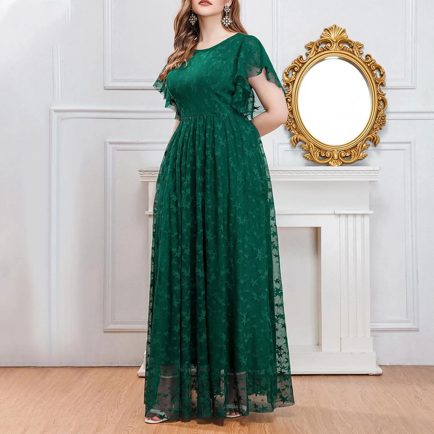 Women Plus Size Lace Cocktail Dresses Summer Wrap Round Neck Short Sleeve Flowy A Line Wedding Guest Midi Dress