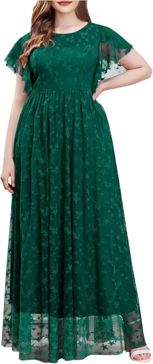Women Plus Size Lace Cocktail Dresses Summer Wrap Round Neck Short Sleeve Flowy A Line Wedding Guest Midi Dress