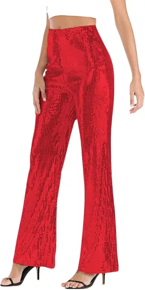 Women Sequin Pants Cloth High Sequin Women Foot Sexy Pants Fashion Waisted Tape Trousers Metallic Glitter Bell