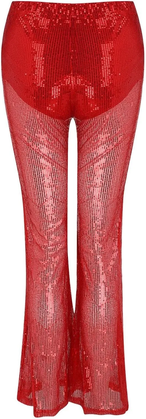 Women Sequin Pants Cloth High Sequin Women Foot Sexy Pants Fashion Waisted Tape Trousers Metallic Glitter Bell