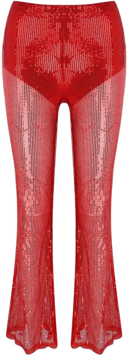 Women Sequin Pants Cloth High Sequin Women Foot Sexy Pants Fashion Waisted Tape Trousers Metallic Glitter Bell