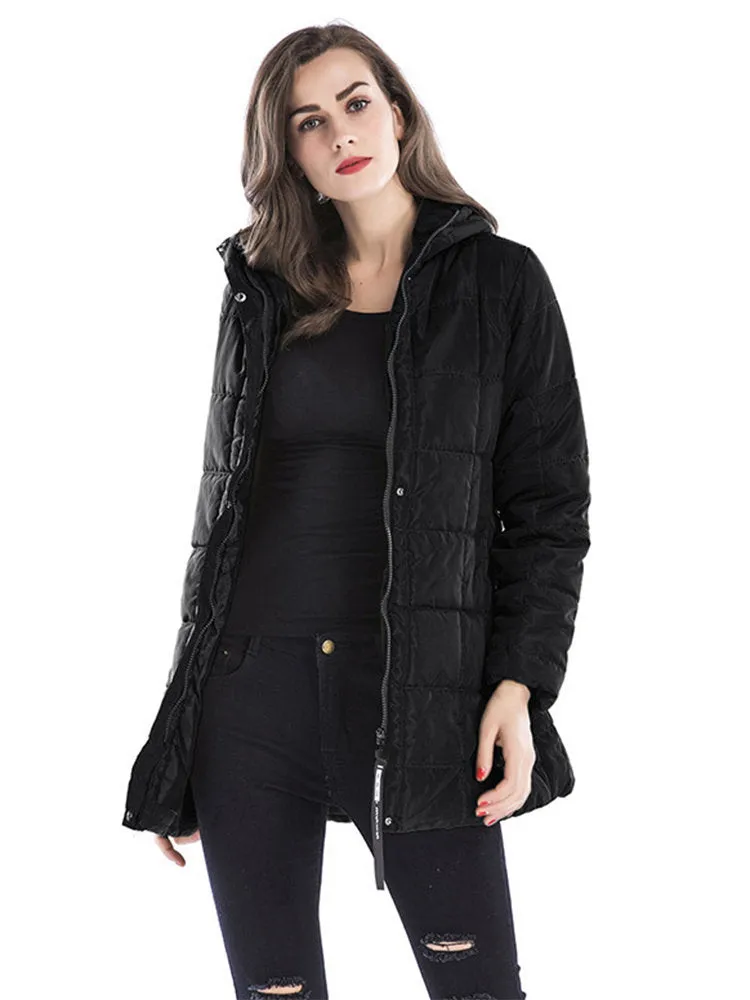 Women Solid Color Hooded Zipper Fly Cotton Down Coats
