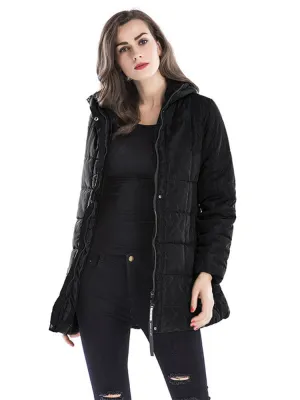 Women Solid Color Hooded Zipper Fly Cotton Down Coats