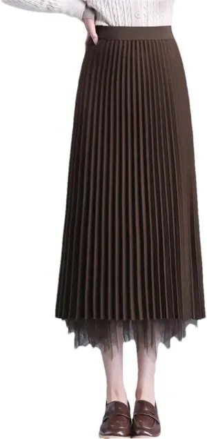 Women Solid Mesh Split Pleated Skirt Irregular A-Line Skirt Office High Waisted Midi Skirts