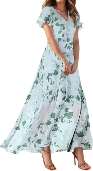 Women Summer Bohemian Floral Casual Wrap V Neck Ruffle Cap Sleeveless Belt A-Line Pleated Hem Long Sundress