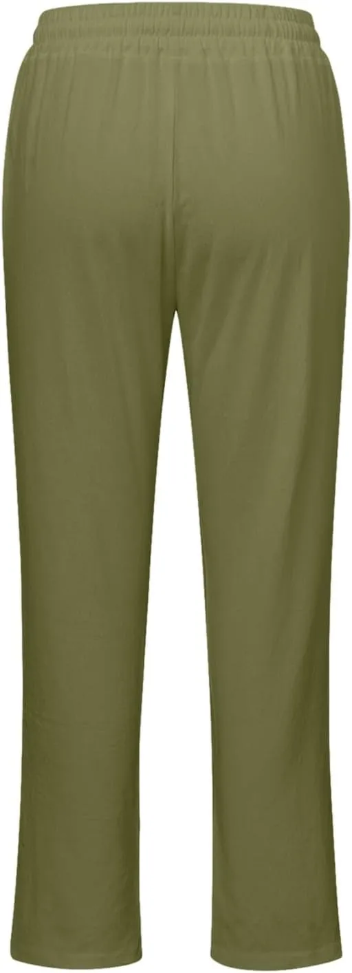 Women Summer Casual Cotton Linen Pants Solid Sports Lounge Beach Trousers Slim High Elastic Waist Pants with Pockets