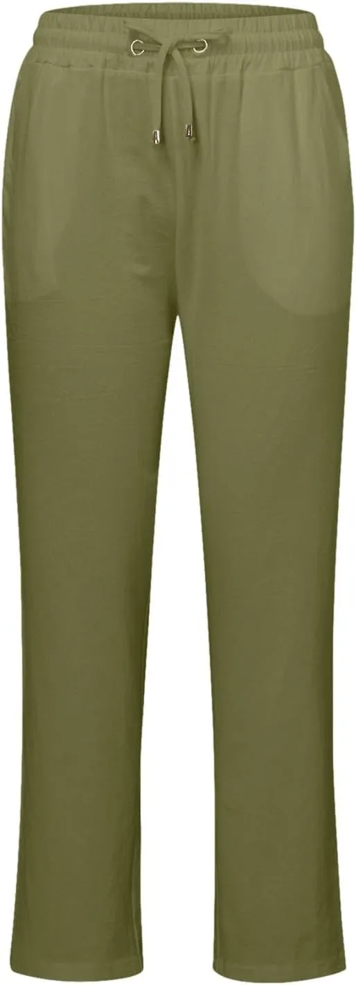 Women Summer Casual Cotton Linen Pants Solid Sports Lounge Beach Trousers Slim High Elastic Waist Pants with Pockets
