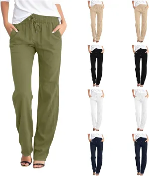 Women Summer Casual Cotton Linen Pants Solid Sports Lounge Beach Trousers Slim High Elastic Waist Pants with Pockets