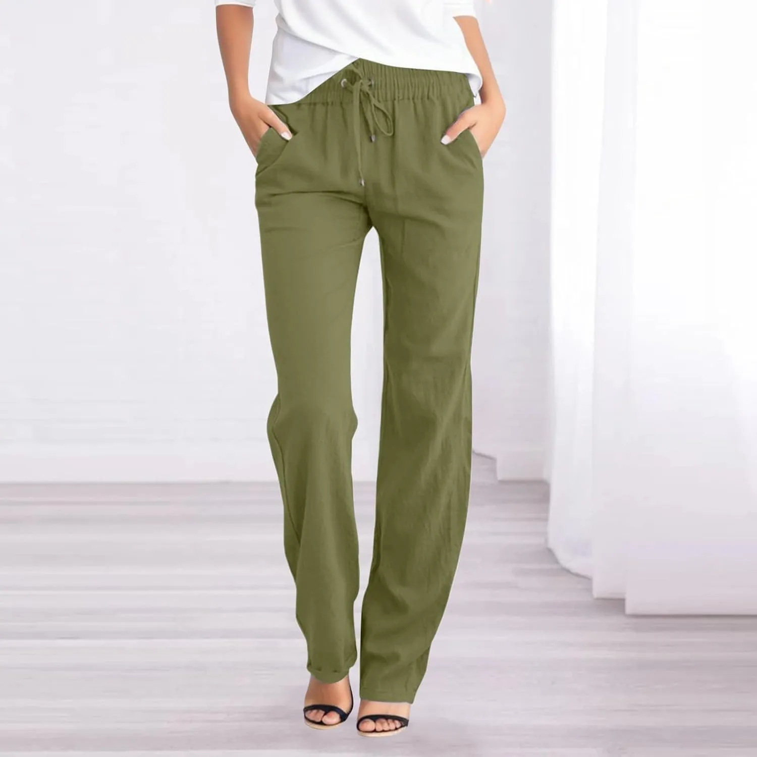 Women Summer Casual Cotton Linen Pants Solid Sports Lounge Beach Trousers Slim High Elastic Waist Pants with Pockets