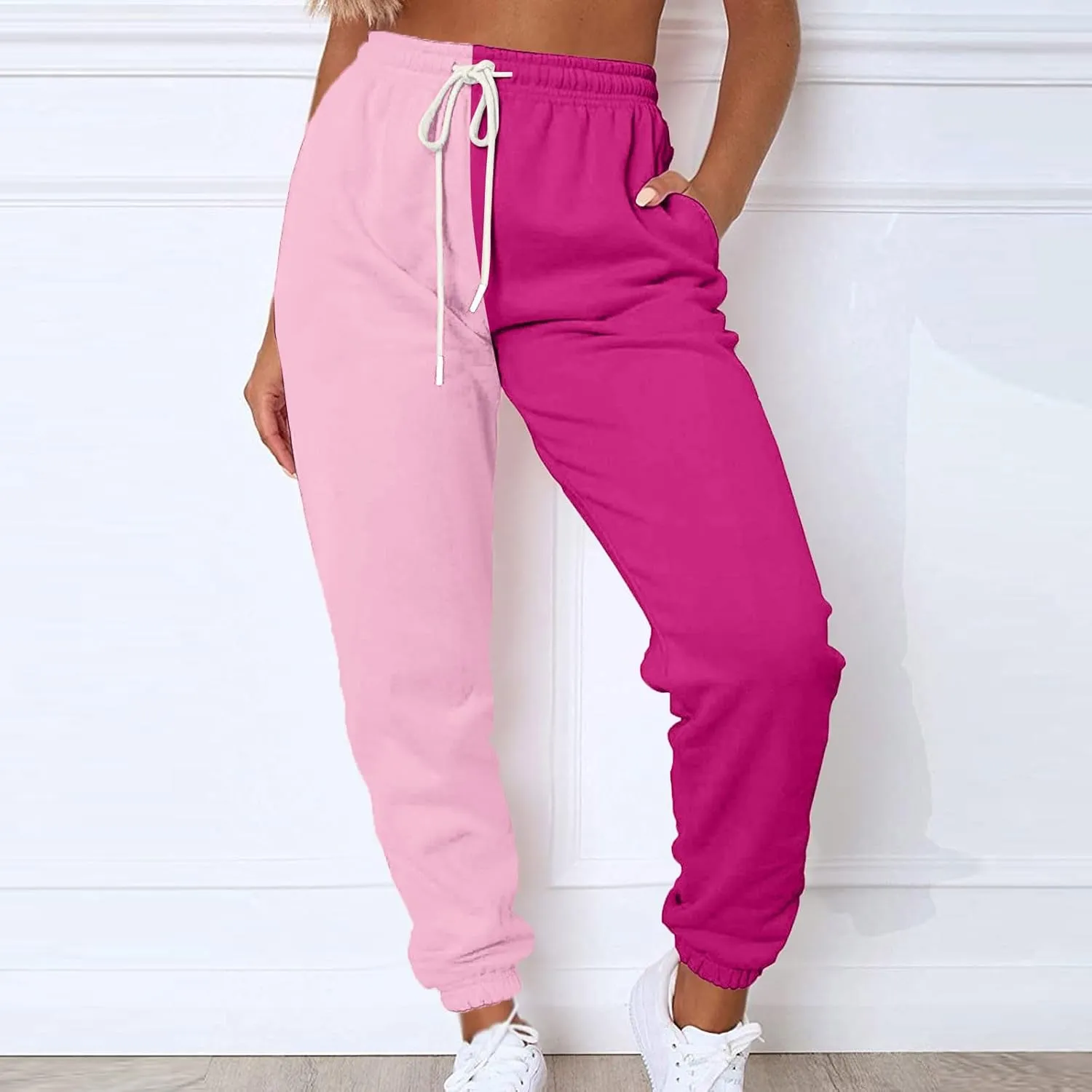 Women Sweatpant Casual Color Block Patchwork Trouser Elastic High Waist Drawstring Joggers Baggy Pants with Pockets